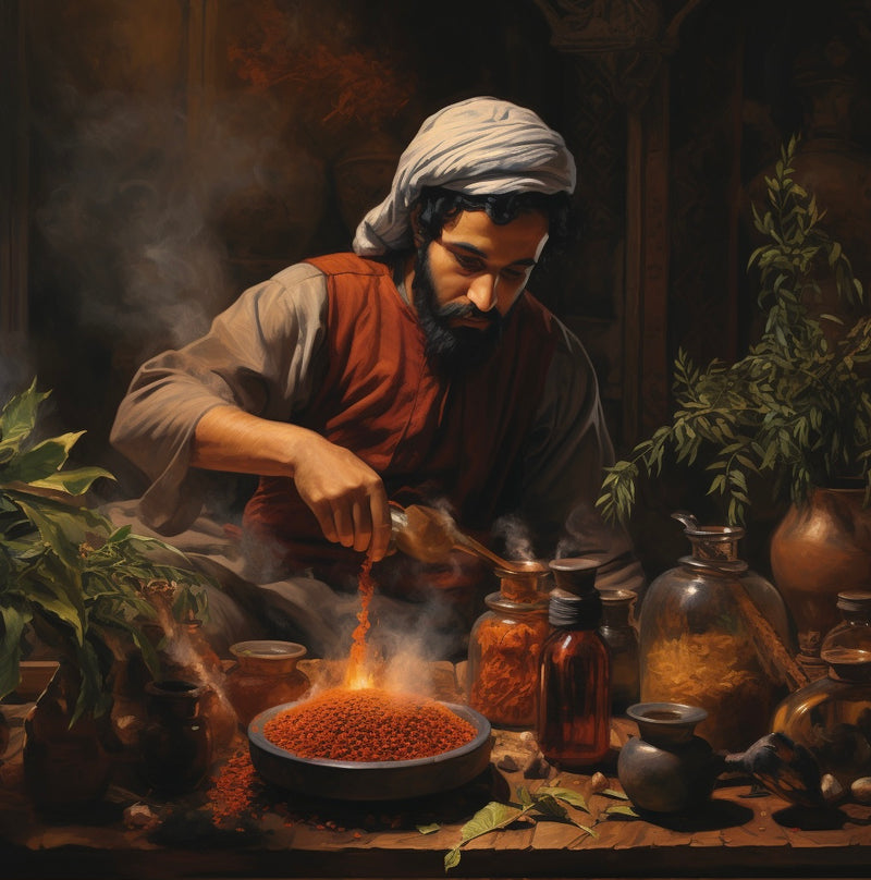 A man mixing herbs in an apothecary